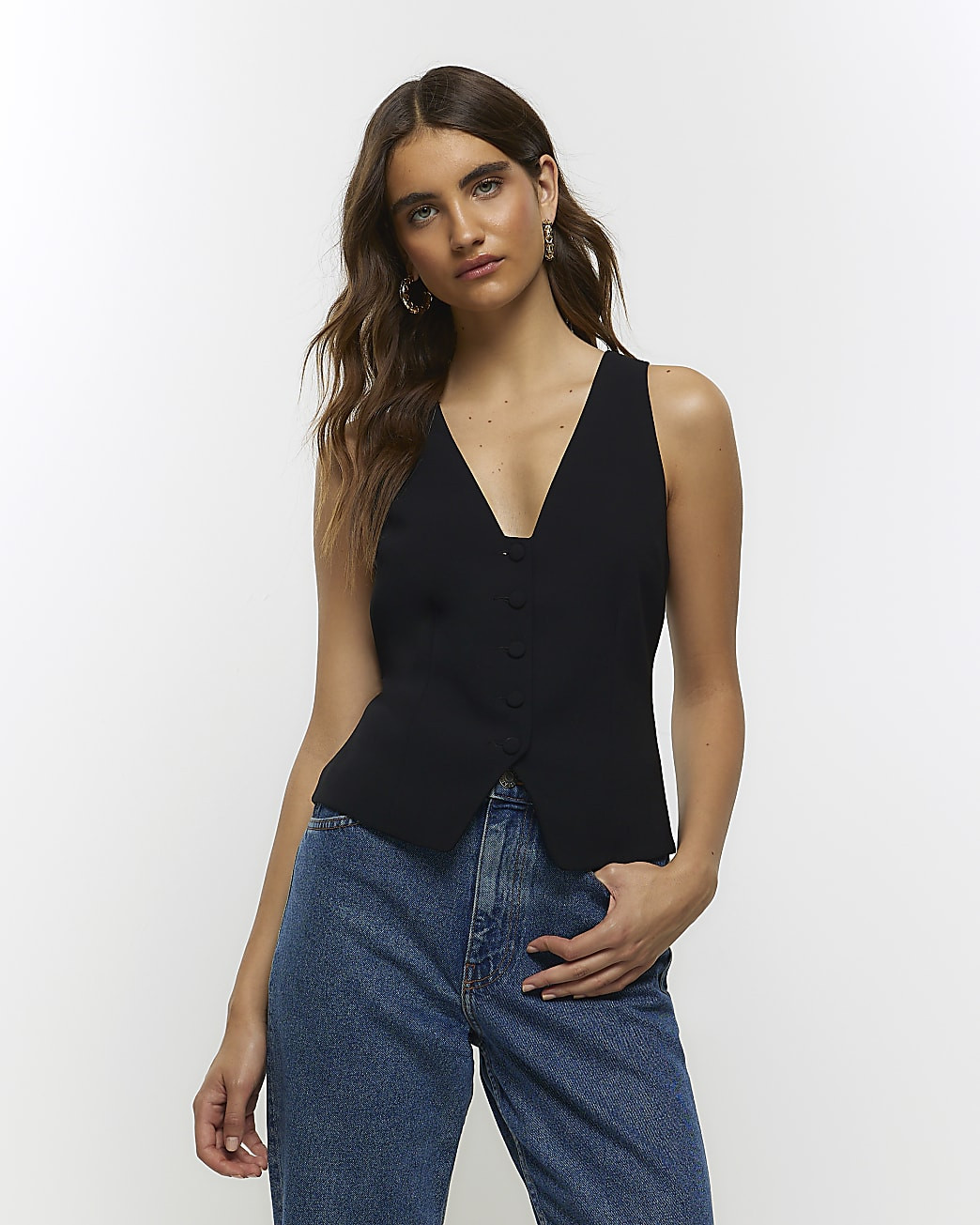 Black Button Front Clean Waistcoat | River Island (UK & IE)