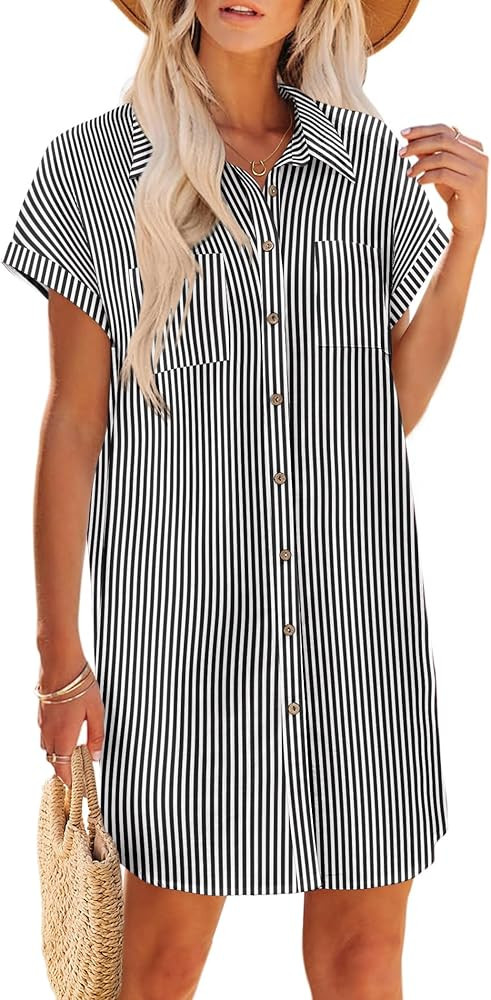 Zeagoo Womens Button Down Shirt Dress Summer Cotton Linen Dress V-Neck Mini Dress Casual Short Sl... | Amazon (US)