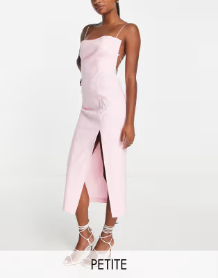 Vesper Petite strappy open back midi dress with thigh split in blush pink | ASOS (Global)
