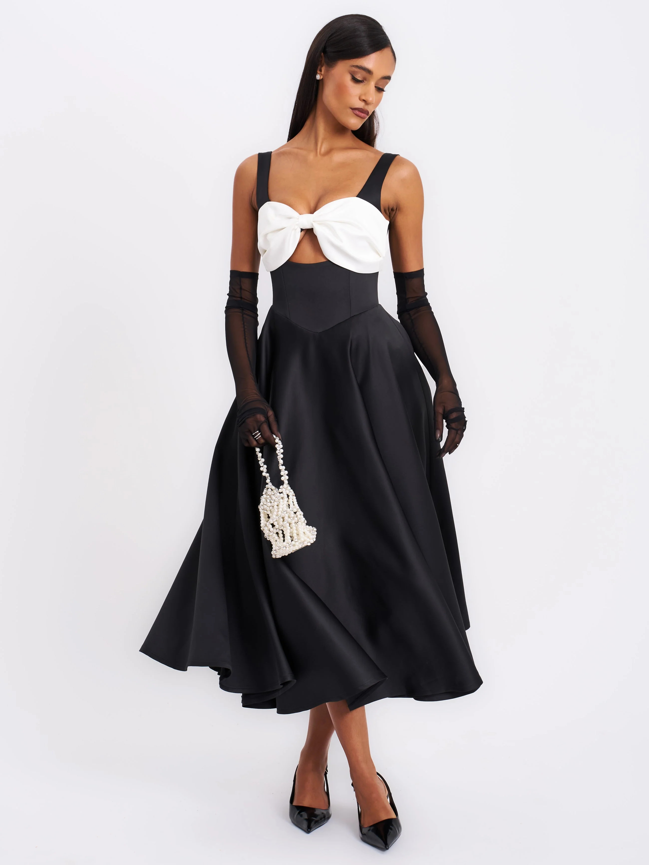 Miss Circle Women Edda Black Maxi Gown with White Bow | Shop Simon