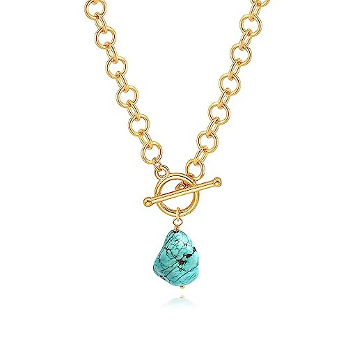PEARLADA Natural Turquoise Stone Pendant Necklace, Chunky 18k Gold Plated Toggle Necklace, Statement Turquoise Jewelry for Women | Amazon (US)