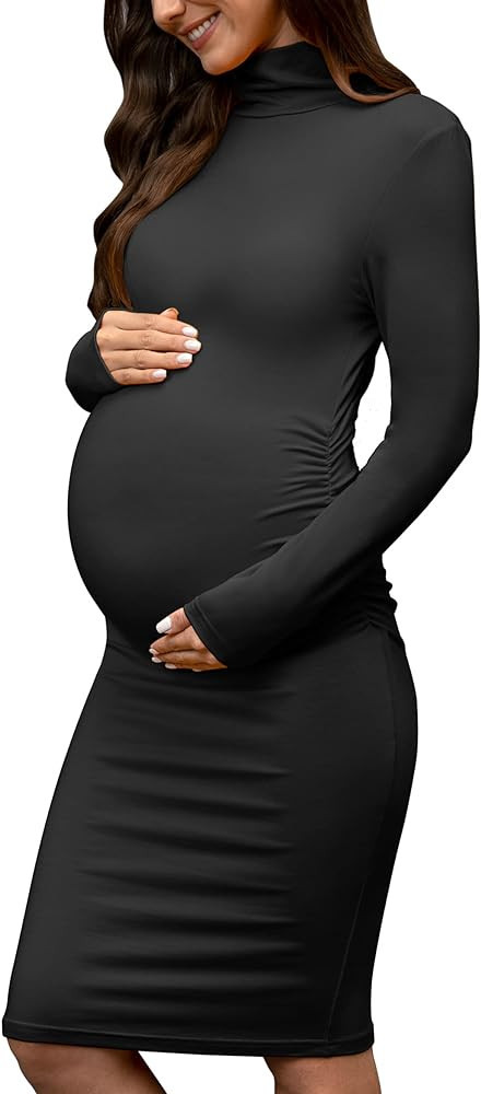abkylie Turtleneck Long Sleeve Maternity Dress with Side Ruched/Knee Length Pregnancy Dress Fall ... | Amazon (US)