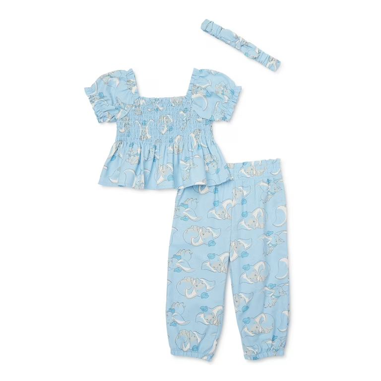 Dumbo Baby Girl Smocked Top and Pants Outfit Set with Headband, Sizes 0/3M-24M | Walmart (US)