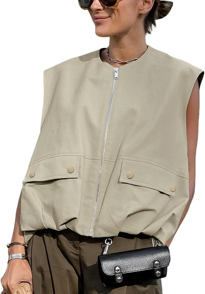 Yimoon Damen-Cargo-Weste mit Reißverschluss, lässig, gerüschter Saum, ärmellos, Blazer, Weste... | Amazon (DE)