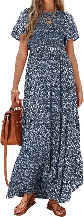 PRETTYGARDEN Women's 2025 Summer Casual Flutter Short Sleeve Boho Floral Maxi Dress Crew Neck Smo... | Amazon (US)