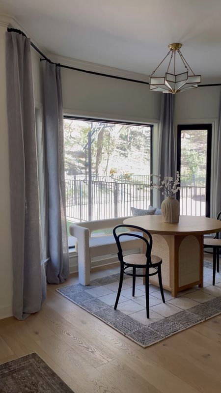 A closer look at our breakfast nook curtains from Amazon! 

semi-sheer drapes, round dining table, bistro dining chairs, modern boucle dining bench, mirror 

#LTKhome #LTKunder50 #LTKstyletip