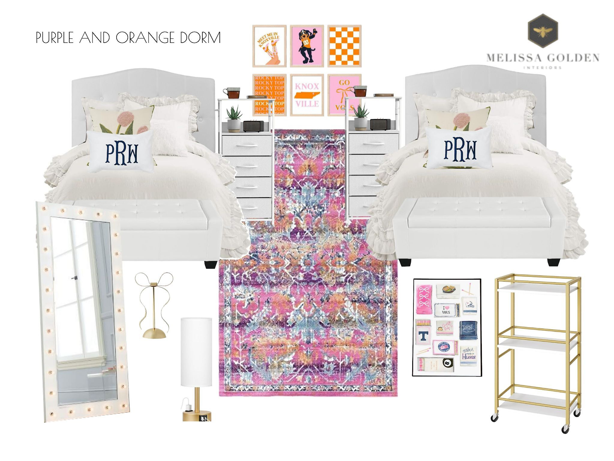 This dorm room design celebrates bold personality, vibrant color, and modern creativity. With a unique color palette of purples and oranges, the space is designed to energize and inspire while maintaining balance through clean lines and minimalist furniture. 

 