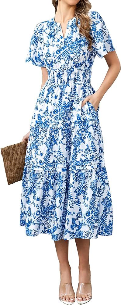 Women Summer Floral Midi Dress 2024 Casual Short Sleeve V Neck Tiered Ruffle Flowy Boho Dresses w... | Amazon (US)