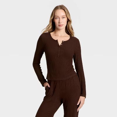 Women's Cozy Ribbed Long Sleeve Henley Pullover - Auden™ Brown XS | Target