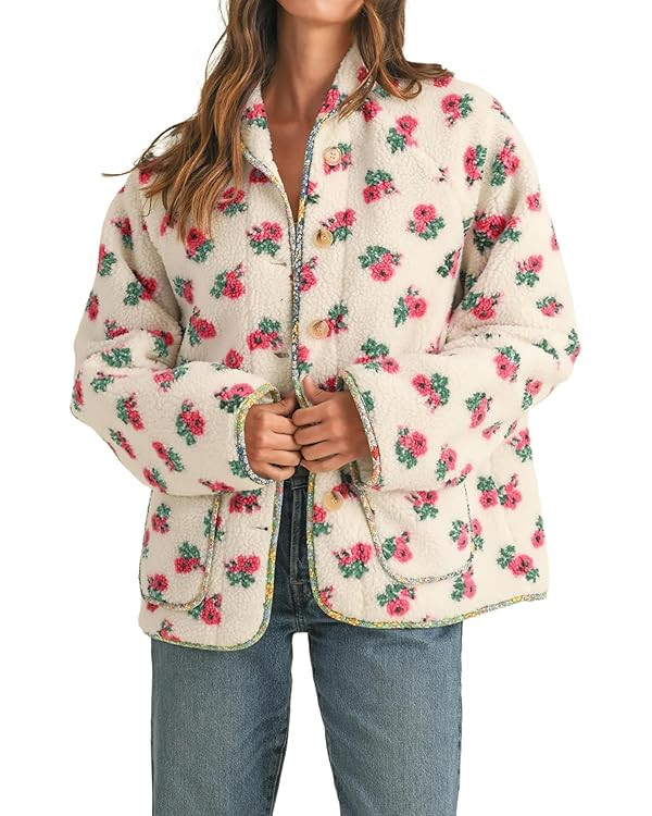 Dqbeng Womens Floral Sherpa Fleece Jacket Long Sleeve Button Up Oversized Casual Teddy Coats Oute... | Amazon (US)
