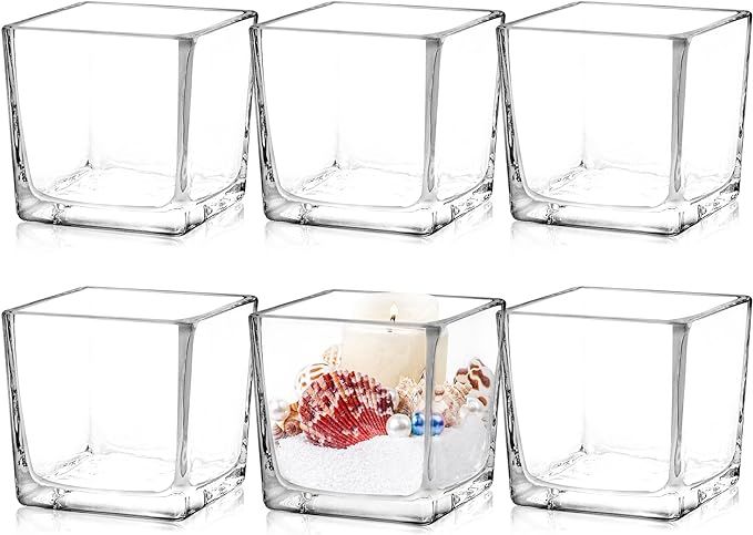 Set of 6 Square Glass Vases 3" x3" x 3", Clear Flower Vases for Centerpieces, Candle Holder for W... | Amazon (US)