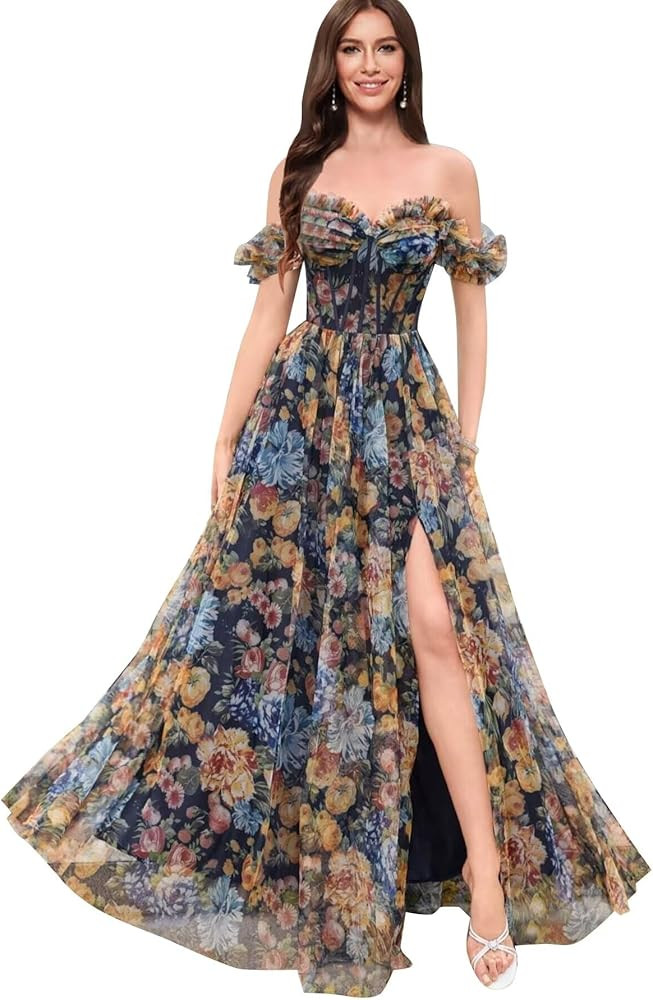 Rjer Off Shoulder Formal Dress Elegant Floral Maxi Slit Party Gown Evening Prom Dress | Amazon (US)