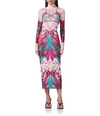 Shailene Feather Printed Turtleneck Long Sleeve Midi Dress | Dillard's