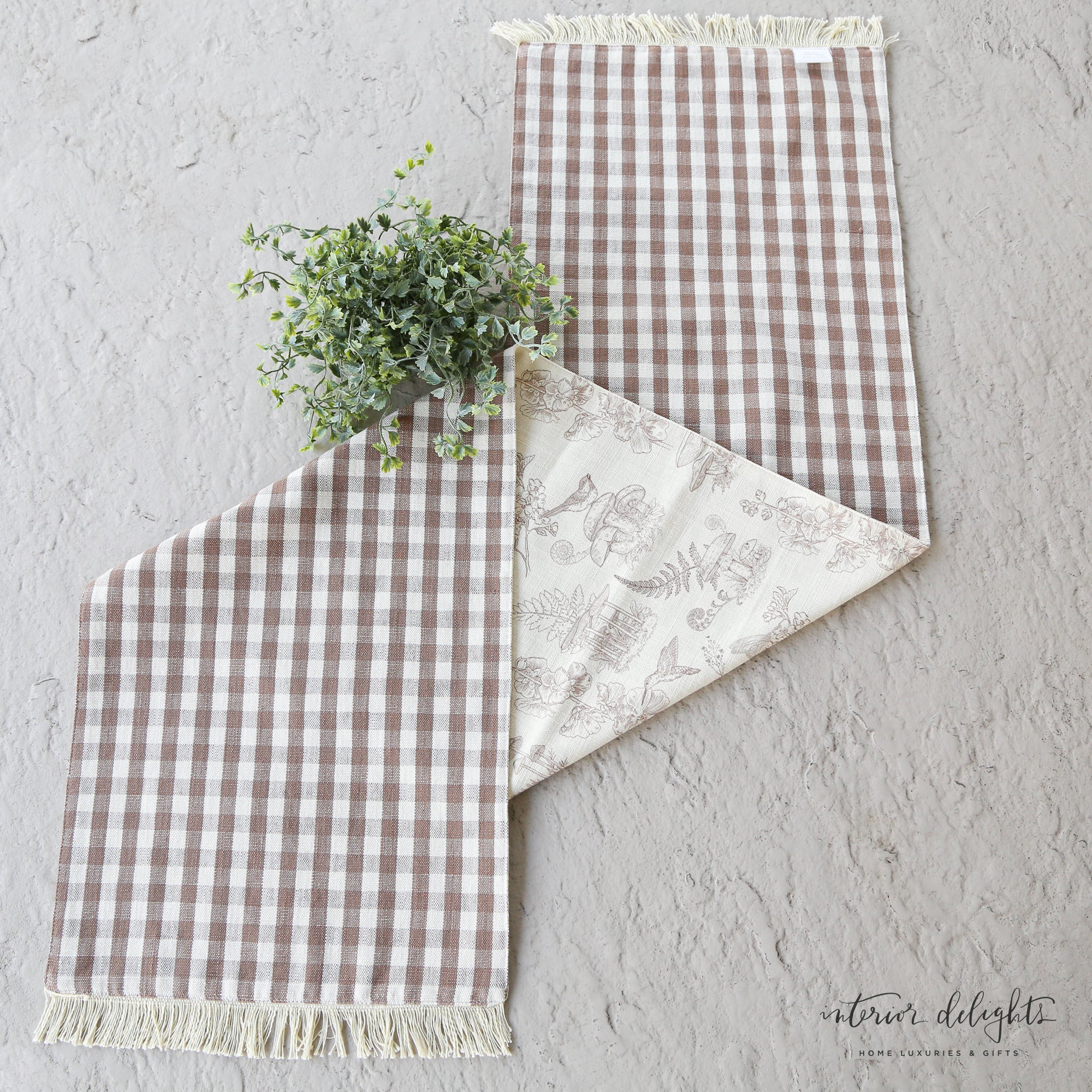 Reversible Tan Check Table Runner- ALL SALES FINAL | Interior Delights