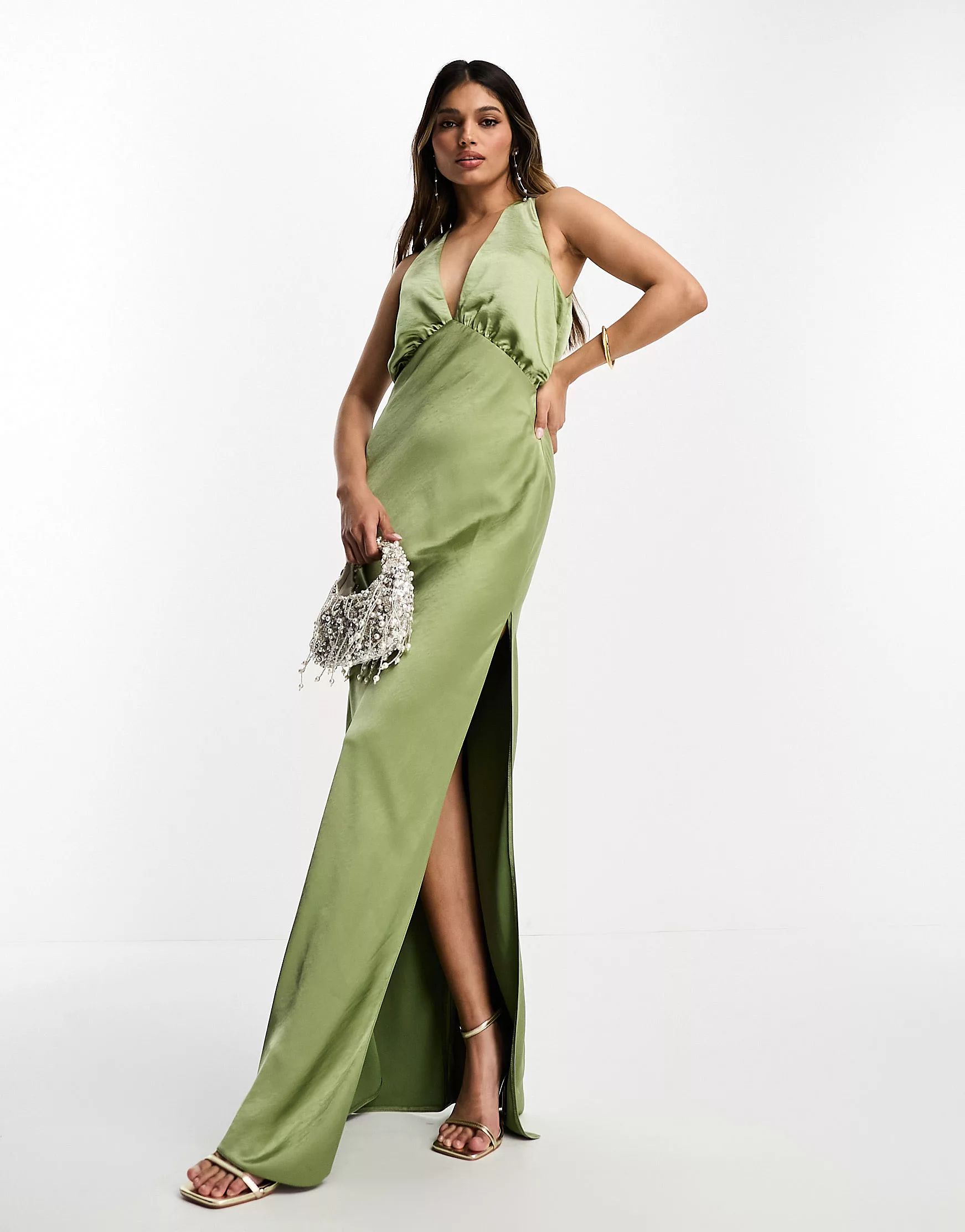 ASOS DESIGN satin plunge slouchy maxi dress in olive green | ASOS | ASOS (Global)