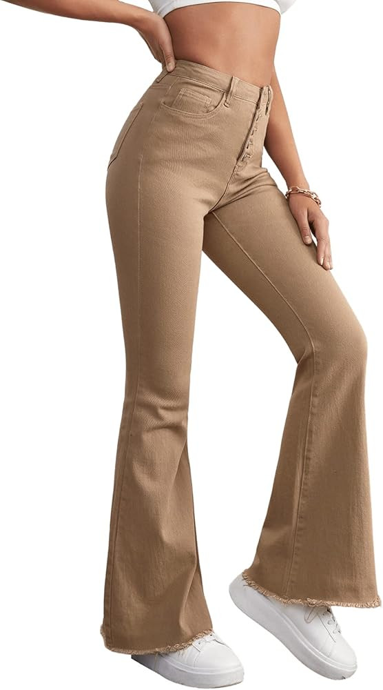 SweatyRocks Women's Casual High Waisted Flare Leg Jeans Raw Hem Bell Bottom Denim Pants | Amazon (US)