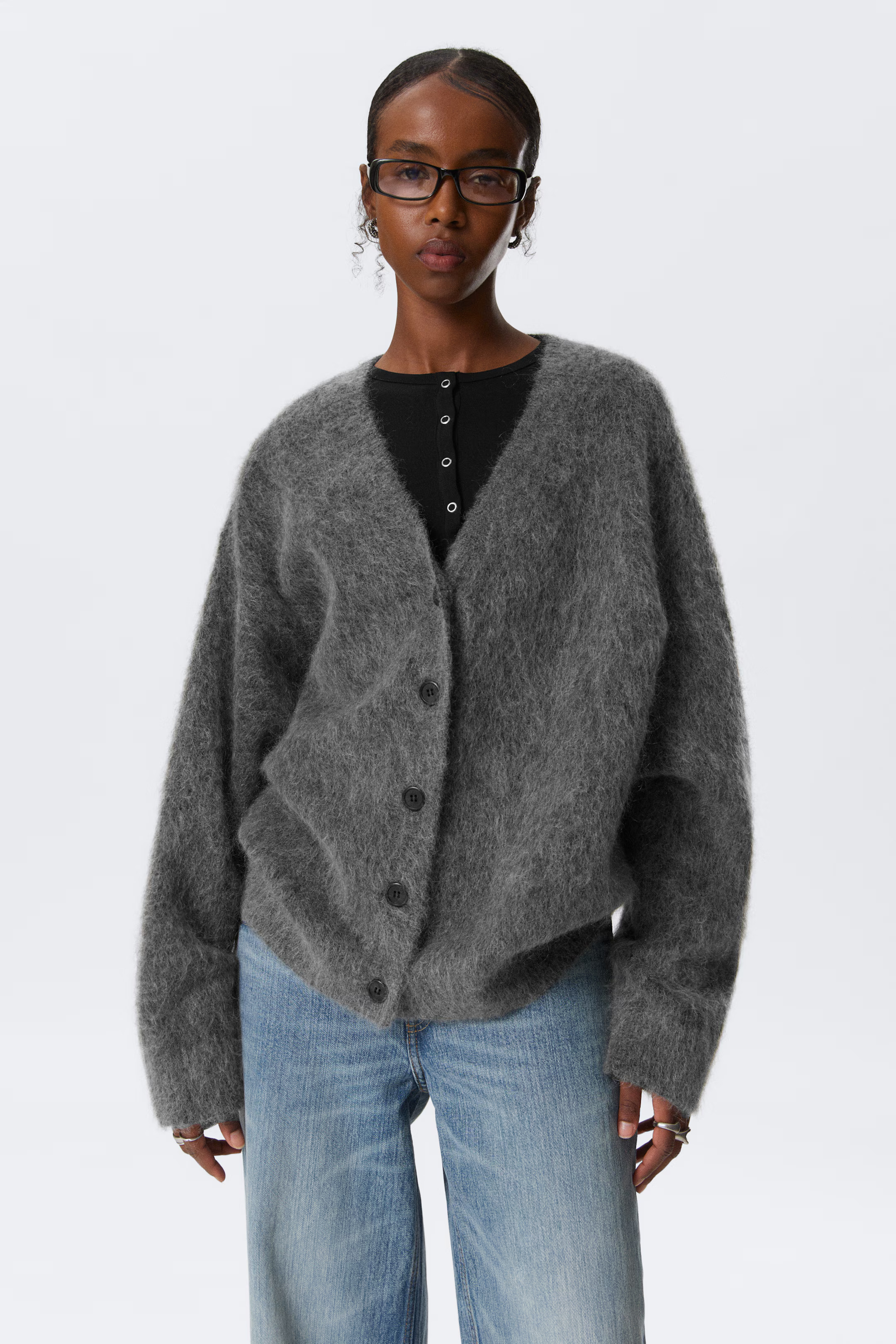 Loose Fit Mohair Blend V-Neck Cardigan - Dark Grey - Ladies | H&M GB | H&M (UK, MY, IN, SG, PH, TW, HK)
