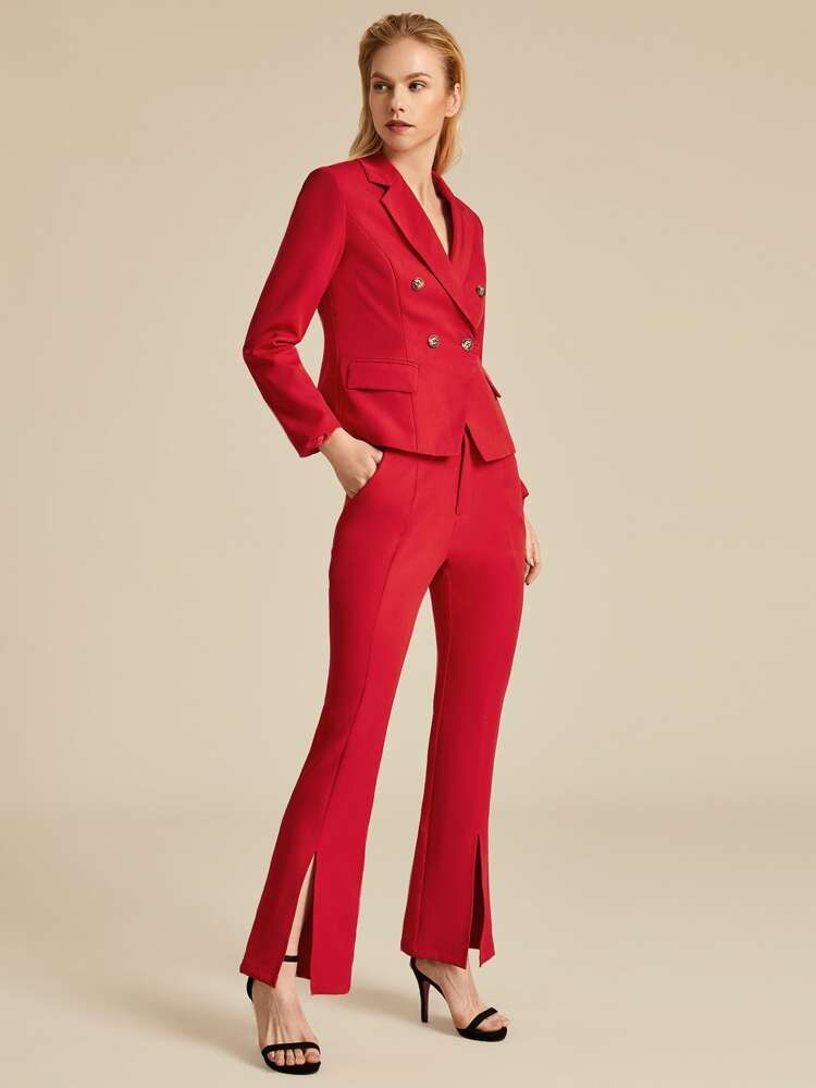Premium Lapel Collar Double Breasted Blazer & Split Hem Seam Front Pants Set | SHEIN