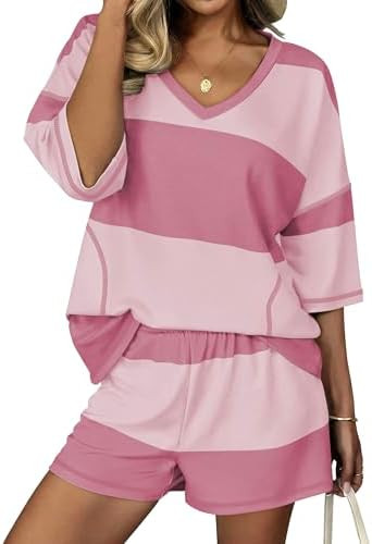 Ekouaer Two Piece Sets for Women Summer Lounge Sets 2026 Striped Shirts and Shorts Set Oversized ... | Amazon (US)