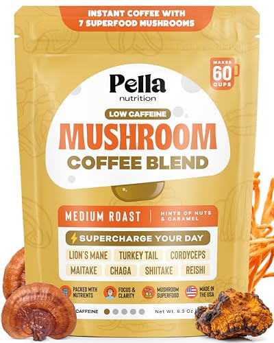 Low-Caffeine Mushroom Coffee (60 Servings) – Superfood Great Tasting Instant Coffee – Includes Lion's Mane, Reishi, Chaga, Cordyceps, Shiitake, Maitake, and Turkey Tail Mushroom Supplement | Amazon (US)