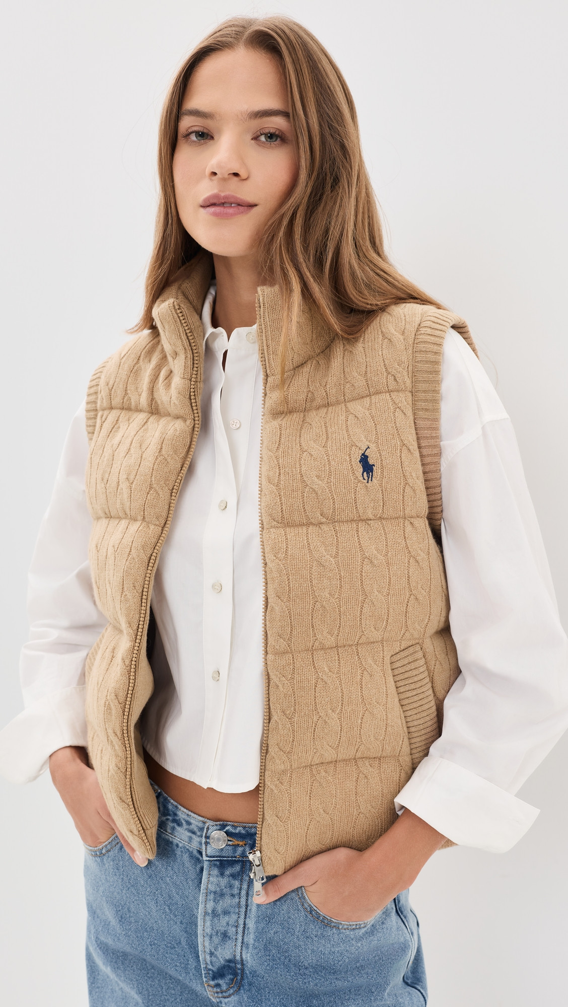 Polo Ralph Lauren Cable Knit Puffer Vest Collection Camel Melange M | Shopbop