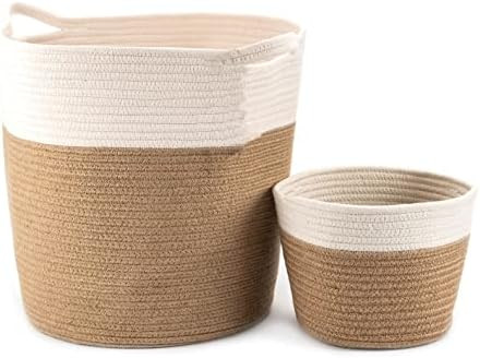 Little Hippo 2pc Large Cotton Rope Basket, White (16"x15") 100% Natural Cotton! Laundry Basket, Wove | Amazon (US)