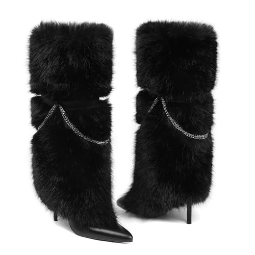 COMFITORIA Women Fur Boots Knee High Fold Over Fuzzy Boot Stiletto High Heel Wide Calf Pointed Toe Shark Boot Party Fashion Fall Winter Dress Boots, Black, Size 9.5 | Amazon (US)
