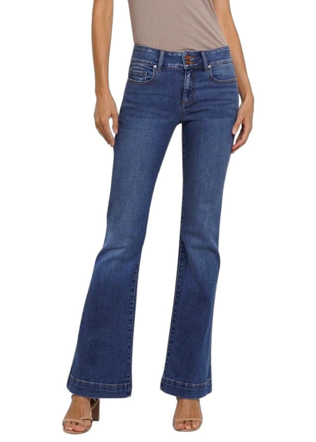 Mid rise medium dark flare jeans | Mulberry & King