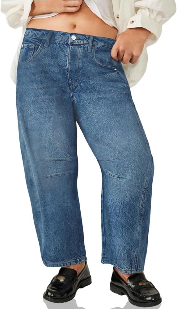Beautife Womens Plus Size Barrel Jeans Baggy Boyfriend Mid Rise Wide Leg Cropped Ankle Horseshoe ... | Amazon (US)