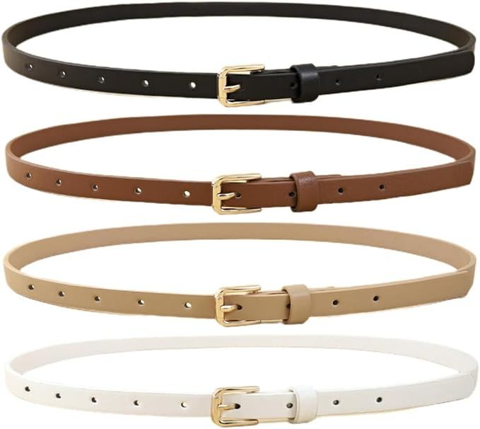 4 Pack Women Skinny Belts for Jeans Dress Thin Waist Belt for Ladies with Gold Buckle 0.5" Width | Amazon (US)