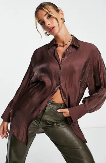 Oversize Metallic Button-Up Shirt | Nordstrom