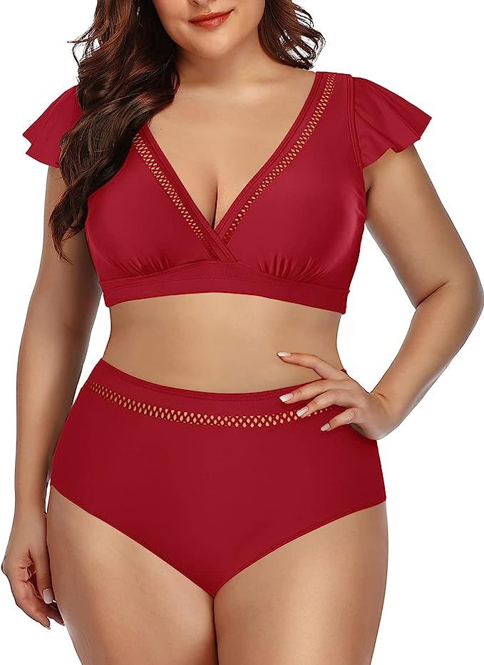 Daci Women Plus Size Two Piece Bikini High Waisted Swimsuits with Bottom Ruffle V Neck Bathing Su... | Amazon (US)