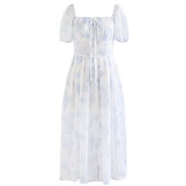Blue Butterfly and Flower Square Neck Midi Dress | Chicwish