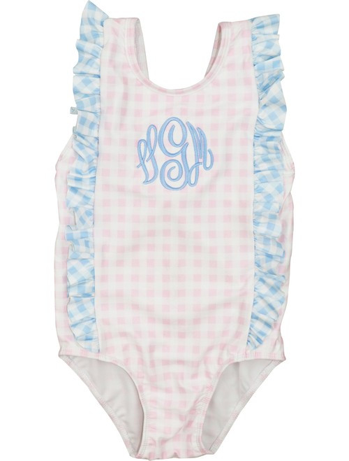 Pink and Blue Check Ruffles Swimsuit | Cecil and Lou