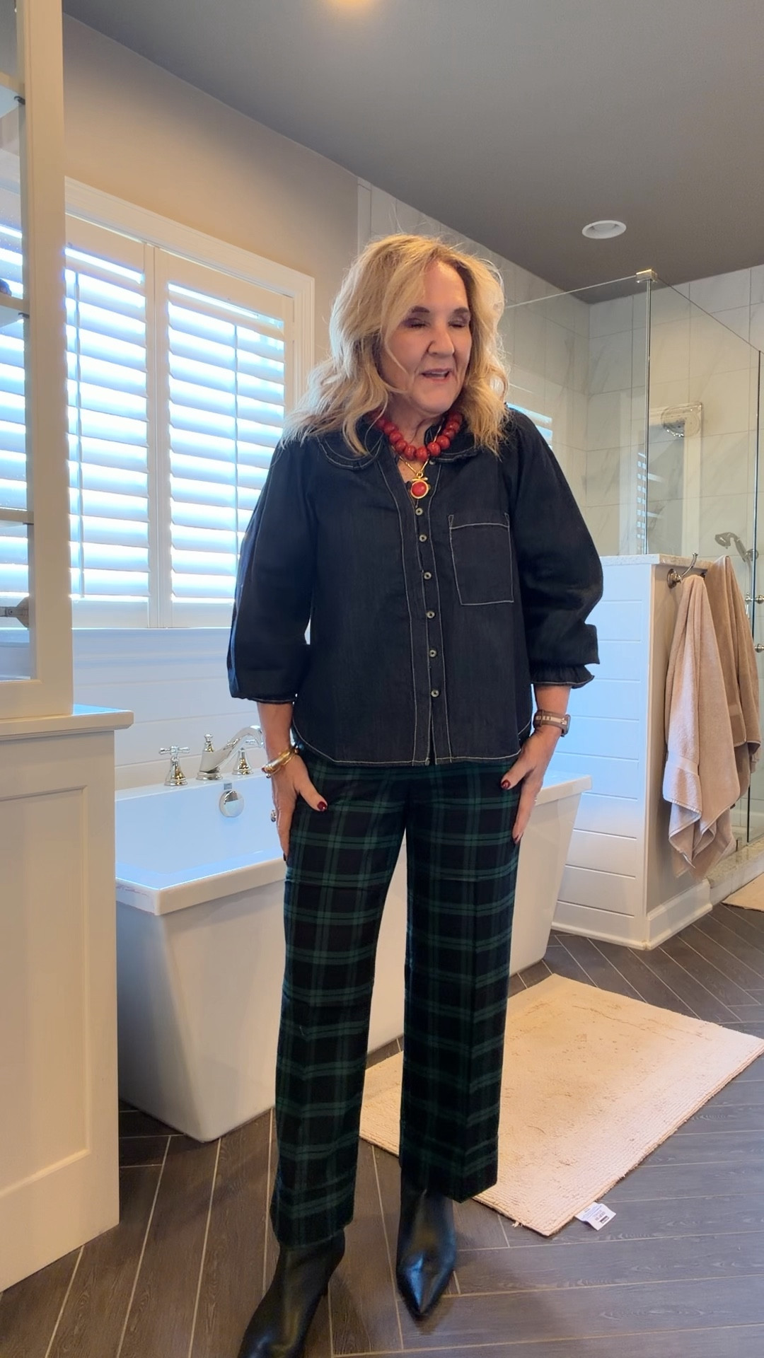 Vest size medium
Denim shirt size medium you could probably size down
Pants size 8 petite true to size
This quince bag in green has been restocked!
Holiday outfit plaid pants, brunch outfit

#LTKOver40 #LTKootd #LTKHoliday