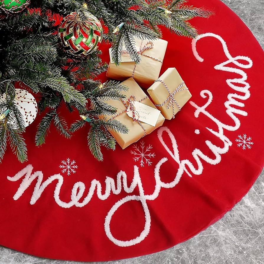 48 Inch Christmas Tree Skirt Red Large Plush Xmas Tree Mat with Merry Christmas Patterns Soft Thi... | Amazon (US)