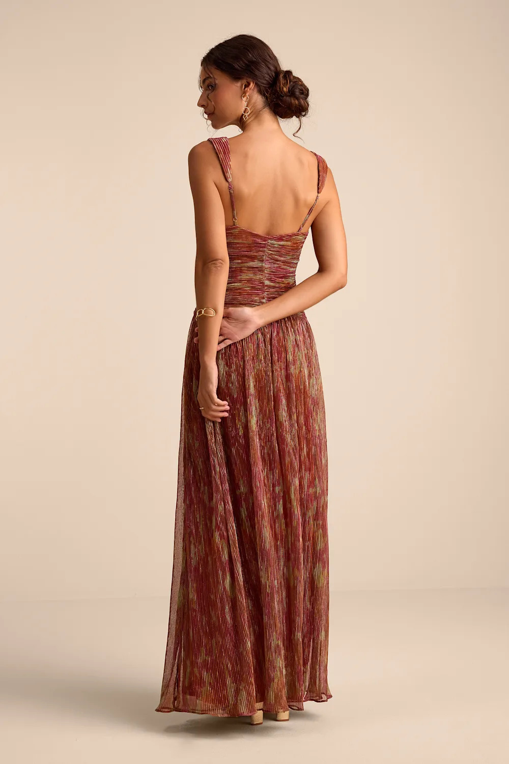 Evaluna Rust Abstract Print Lurex Pleated Maxi Dress | Lulus