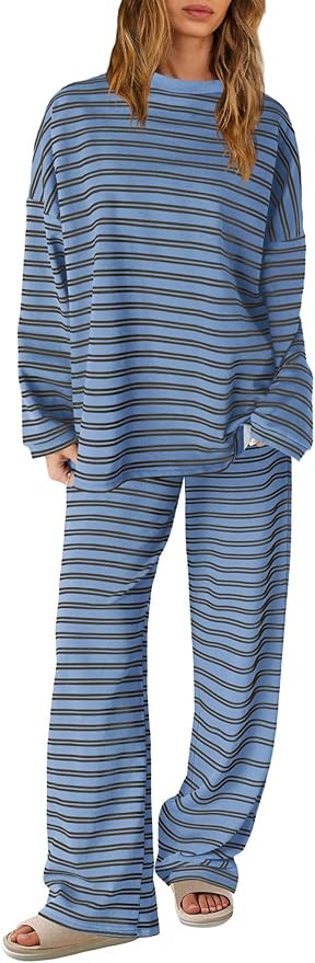 SENSERISE Womens Striped Lounge Set 2 Piece Outfits Striped Long Sleeve Shirt Wide Leg Pants Paja... | Amazon (US)