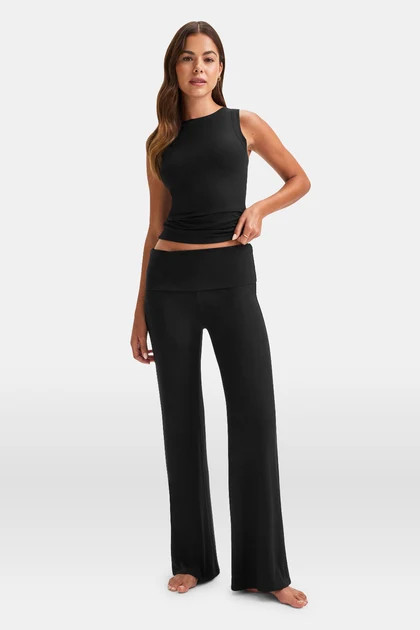 365 SCULPTING LOUNGE MULTIWAY FOLD WAIST FLARED TROUSERS - SHADOW BLACK | TALA (UK)