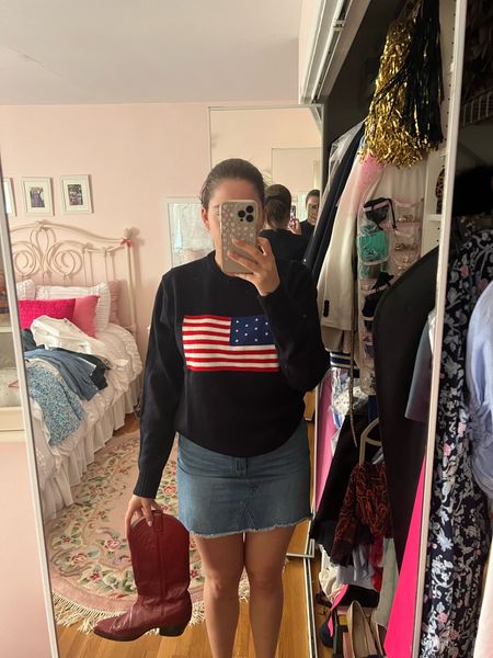American flag sweater, america, flag sweater, Walmart fashion, denim skirt, red cowgirl boots, cowgirl, jackson, Wyoming, Wyoming outfits, navy sweater, ralph Lauren

#LTKtravel #LTKSeasonal #LTKstyletip