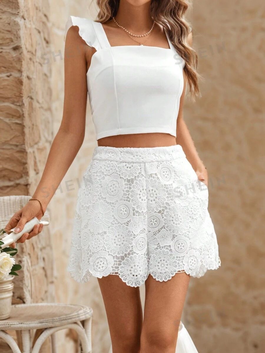 SHEIN Frenchy Women's Lace Shorts  With Pockets  Fashionable White High Waisted Lace Shorts Weddi... | SHEIN
