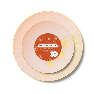 Posh Setting 32 Piece Combo Antique Pink and Gold Round Plastic Dinnerware Set - 16 Servings - Orchid | Target