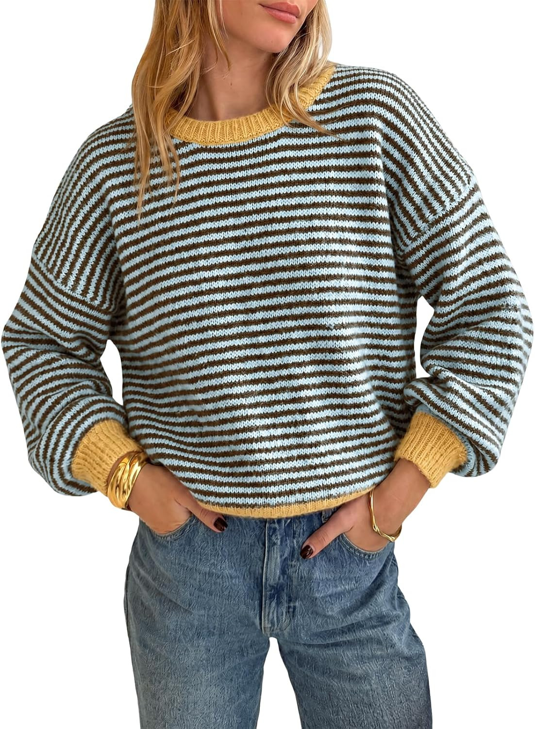 Cicy Bell Womens Striped Sweater Loose Fit Color Block Knit Pullover Tops | Amazon (US)