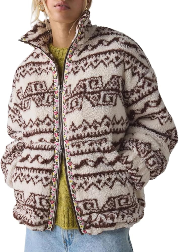 CHARTOU Women's Floral Fleece Sherpa Jacket Fall Thick Zip Up Oversized Cute Winter Coat | Amazon (US)