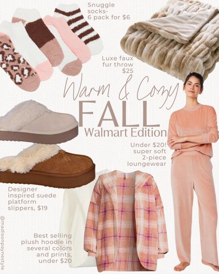 @WALMART COZY FALL 🍂 #walmartpartner #walmartfinds #IYWYK Get Warm & Cozy Walmart edition with a 6 pack of snuggle socks for only $6, a luxe faux fur throw for $25, designer inspired suede platform slippers for $19, a plush hoodie for under $20, and a super soft 2-piece loungewear set for under $20 🥰

Cozy Fall Outfits, Cozy Outfits, Cozy Fall, Walmart Cozy, Walmart Loungewear, Fall Loungewear, Fall Outfits, Madison Payne

#LTKstyletip #LTKfindsunder50 #LTKSeasonal