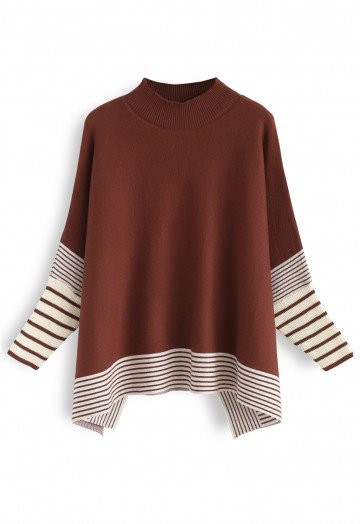 Lie in Caramel Fields Striped Oversize Knit Cape Sweater | Chicwish