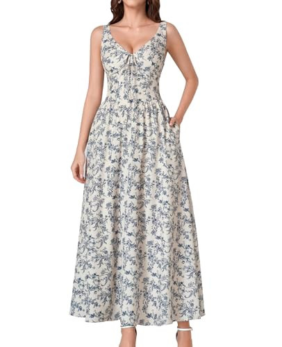 GLNEGE Women's Floral Corset Wedding Guest Maxi Dress Flowy Lace Up Milkmaid Dresses Summer Tea Party Sundress with Pocket Bluefloral | Amazon (US)