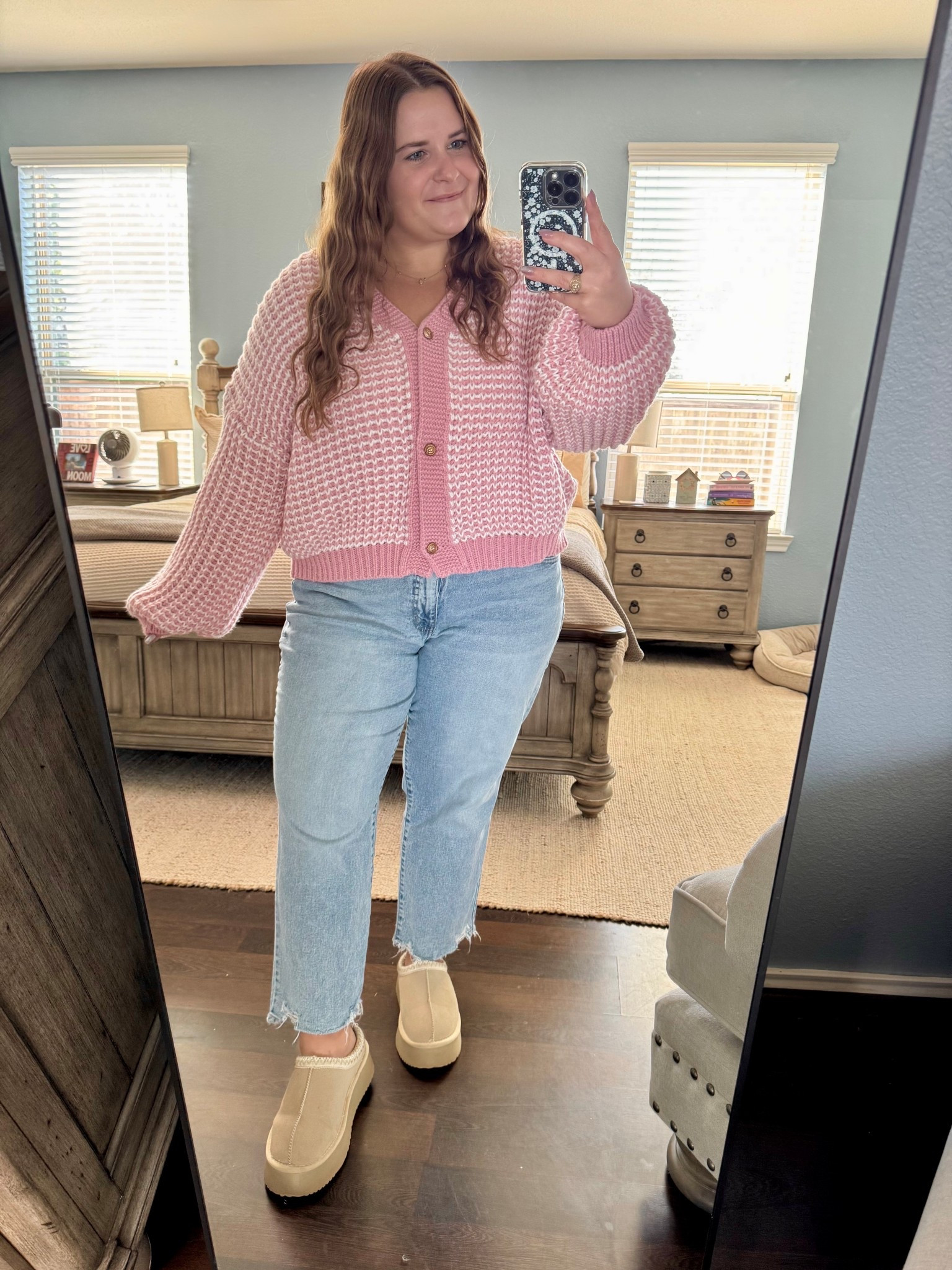 Wearing a 2XL in this pink cardigan. It’s perfect for Valentine’s Day/February! Wearing a size 16 in my favorite jeans. Finished the look with platform slippers. Comfy but cute! 

#LTKValentine #LTKMidsize #LTKPlusSize