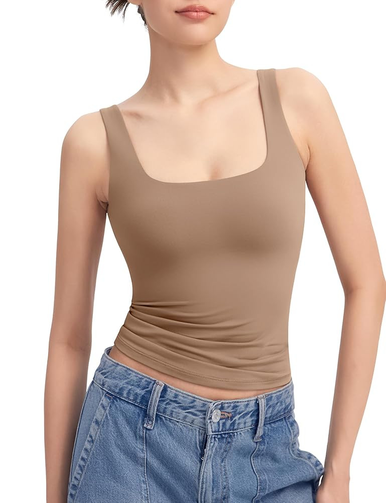 PUMIEY Women's Square Neck Tank Top Sleeveless Double Lined Basic Tops Sharp Collection | Amazon (US)
