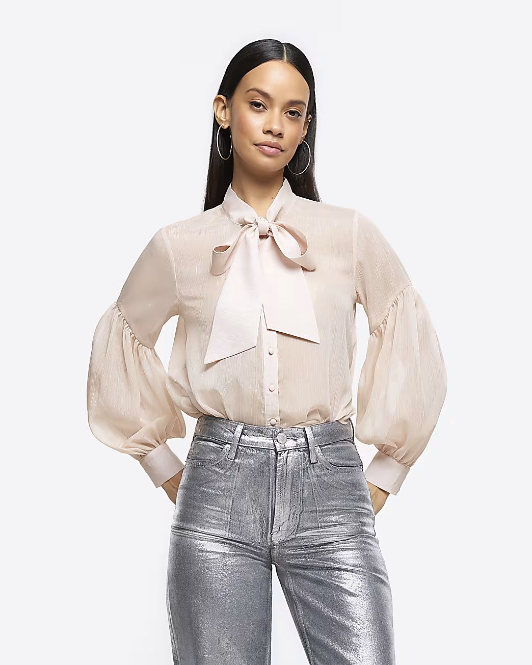 Pink tie neck puff sleeve blouse | River Island (UK & IE)